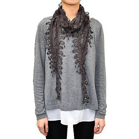 Lace Scarf with Polka Dot Print & Fishnet Fringe (Mocha)