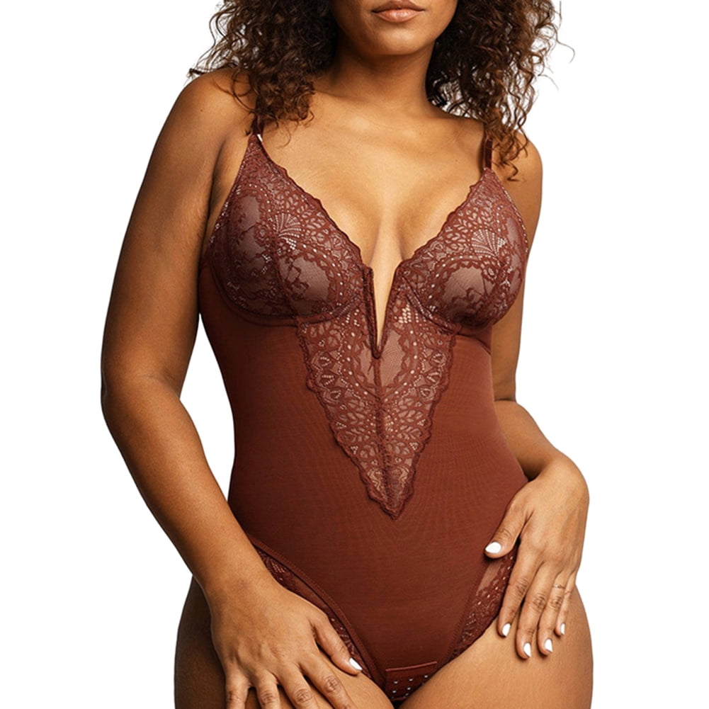 Lace Shapewear Bodysuit Women Tummy Control Backless Tank Tops V Neck Sleeveless Thong Bodysuit