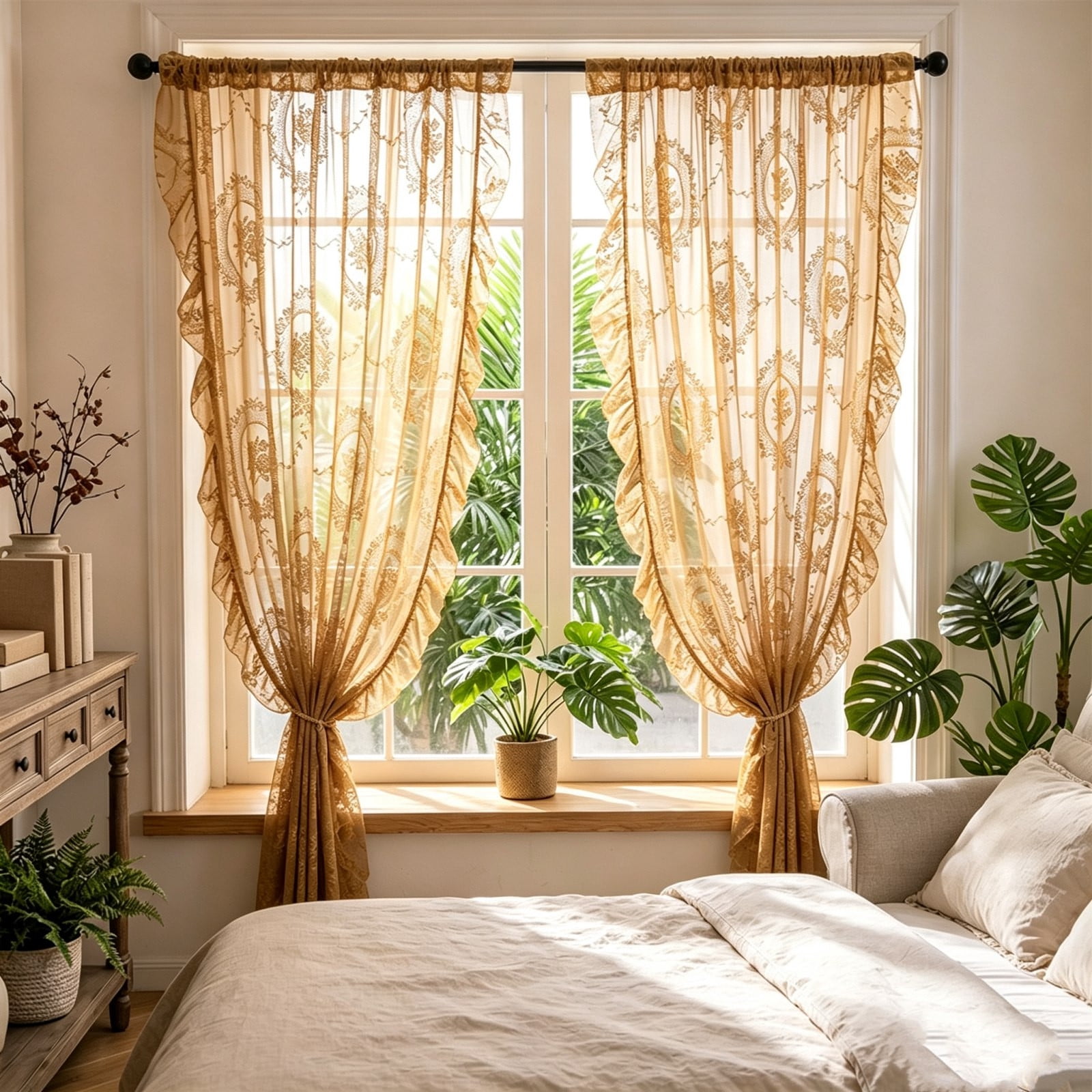 Lace Sheer Curtain Floral Rod Pocket Window Drape for Bedroom Living ...