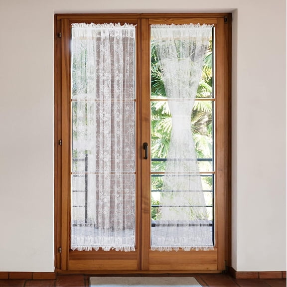 Lace Sheer Curtains French Sidelight Panels for Front Glass Door, Rod Pocket Floral Half Short Door with Tiebacks, 25" W x 40" L, 2 Pieces