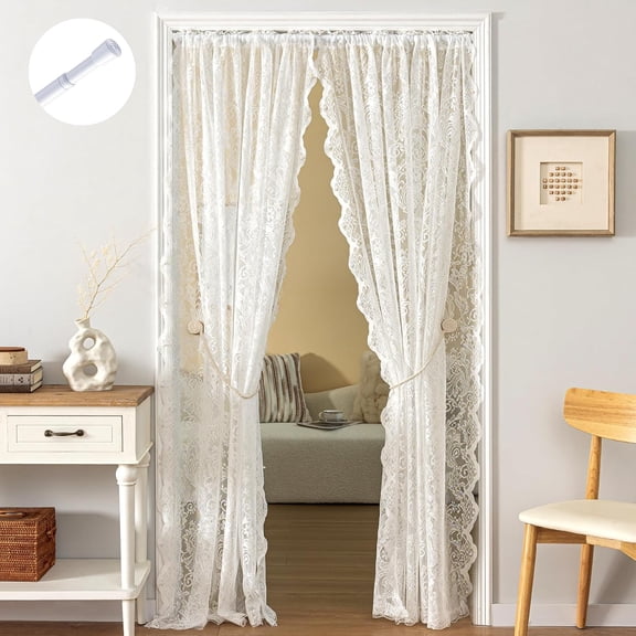 Lace Sheer Window Curtains with Rod, Vintage Floral Sheer Panels for Living Room & Room Divider, 55 W x 80 L Inches, White, 2 Panels + Rod