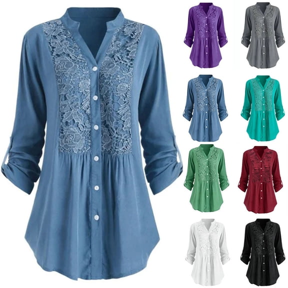 Lace Shirts for Women Plus Size 22,Vintage Lace Blouses & Shirts Lapel V-Neck 3/4 Length Sleeves Summer Top Ladies T-Shirt Tshirts Trendy Long Length Tunic Tops for Leggings