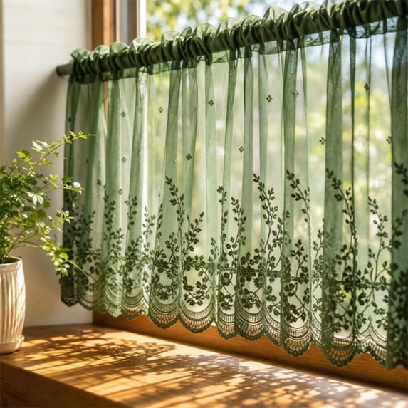 Lace Short Curtains Floral Embroidered Sheer Valance with Rod Pocket for Kitchen Sheer Curtains Cafe Curtains for Window Semi-Transparent Drape for Small Window Privacy Home Decor