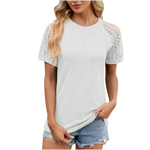 Lace Short Sleeve Shirts for Women Round Neck Pleated Tunic Tshirts Solid Casual Loose Blouses Pullover Tops White,XL