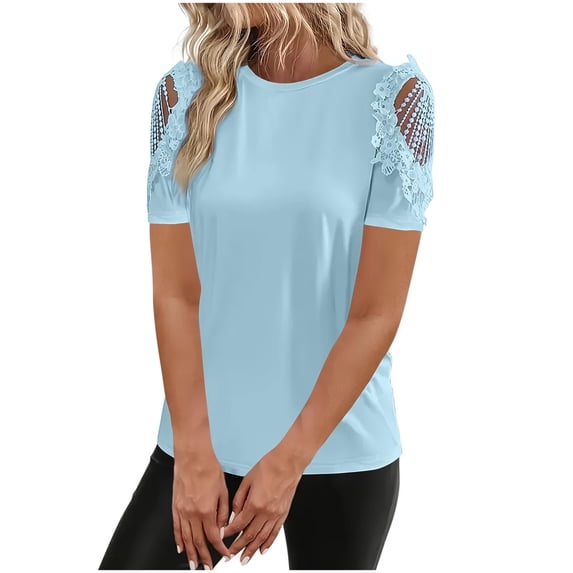 Lace Short Sleeve T-Shirt for Women Summer Round Neck Pullover Tee Loose Casual Tops ,Blue,XL