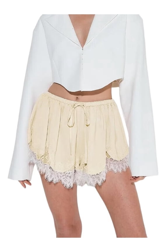 Lace Shorts for Women Low Rise Satin Lace Trim Shorts Y2K Silky Bottoms Slip Mini Pj Half Pants Light Yellow S