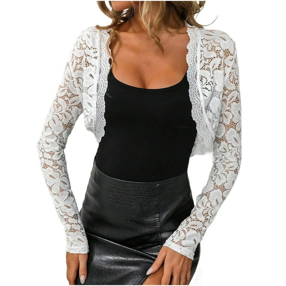 Lace Shrugs for Women Long Sleeve Cropped Bolero Sheer Floral Cardigan Tops White L