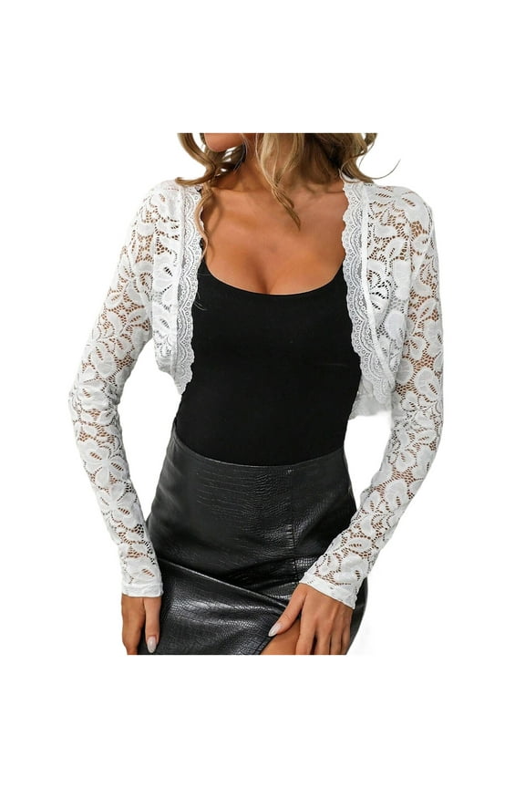 Lace Shrugs for Women Long Sleeve Cropped Bolero Sheer Floral Cardigan Tops White S