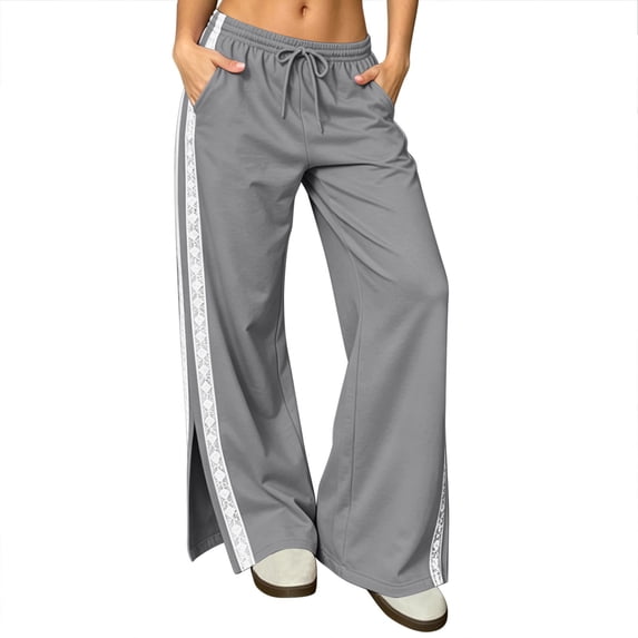 Lace Side Stripe Sweatpants for Women Ghalytn Drawstring Wide Leg Pants - Loose Casual Trousers with Side Pockets and Split Hem