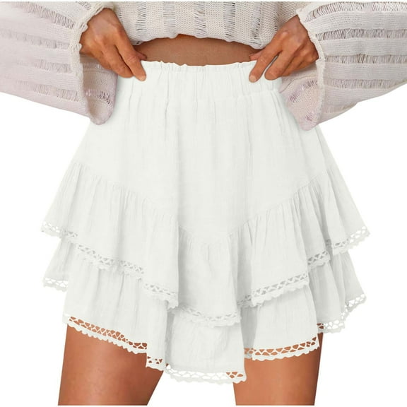 Lace Skorts for Womens Dressy Casual Shorts Hollow Out Luscious Curvy Skort Teen Girls Y2K Solid Color Skirt Multi-Layered Ruffle Pleated Flowy Short Skirts