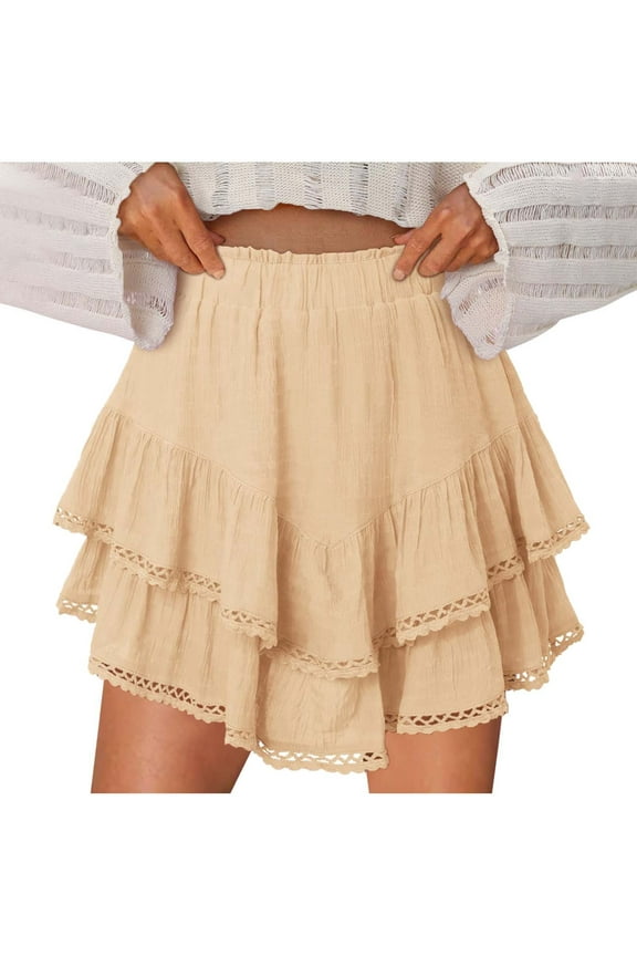 Lace Skorts for Womens Dressy Casual Shorts Hollow Out Luscious Curvy Skort Teen Girls Y2K Solid Color Skirt Multi-Layered Ruffle Pleated Flowy Short Skirts