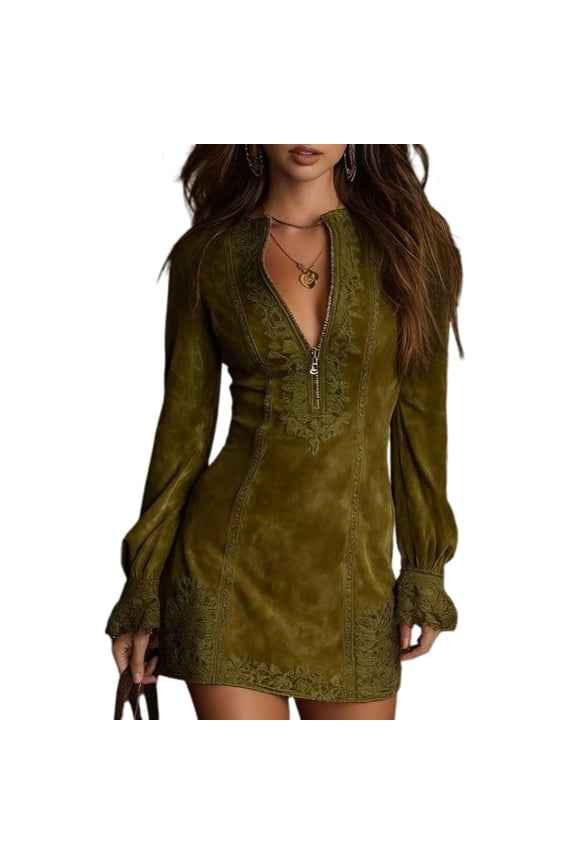 Lace Sleeve Suede Dress, Buttoned Placket on a Classic Shift Dress, Unique 70s Style Dress for Concerts, Dinners, and Themed Parties Army Green 2XL