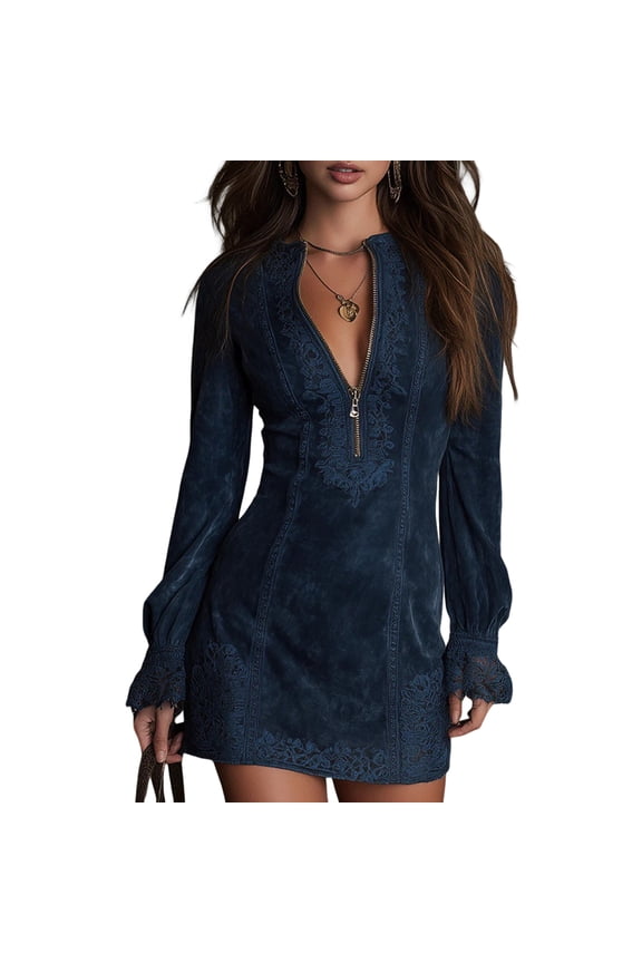 Lace Sleeve Suede Dress, Buttoned Placket on a Classic Shift Dress, Unique 70s Style Dress for Concerts, Dinners, and Themed Parties Dark Blue XL