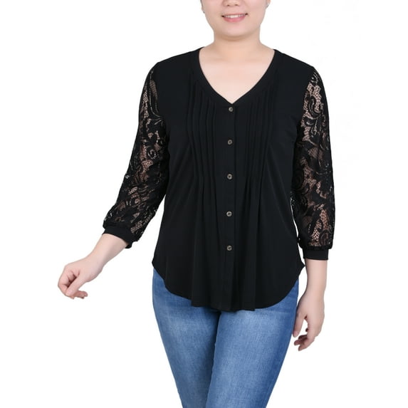 Lace-Sleeve V Neck Top