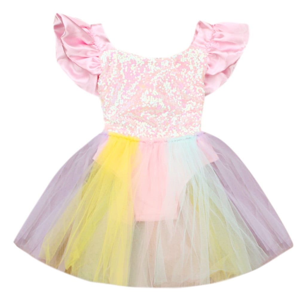 Lace Sleeveless Kids Sequined Romper Rainbow Princess Baby Dress Girls
