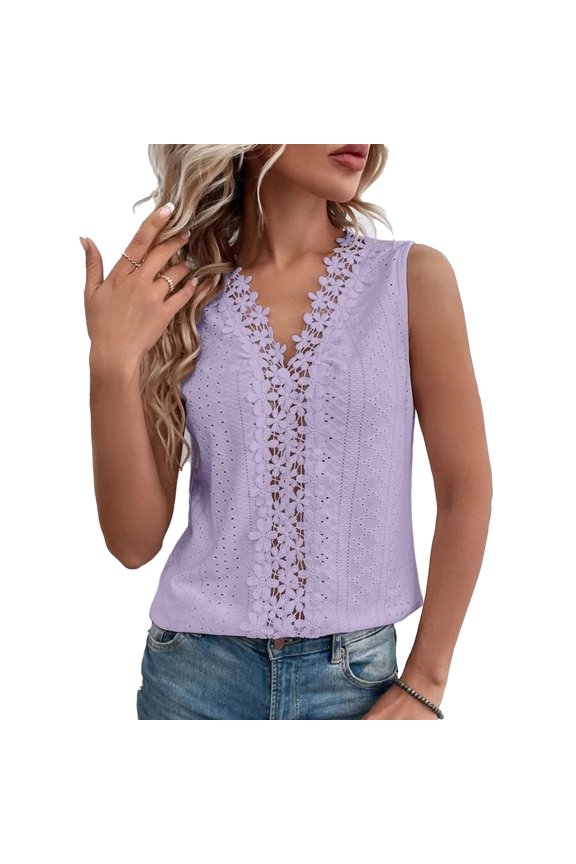 Lace Sleeveless Shirt Blouse Plain Color V Neckline Hollow Blouse for Women Lady Dating Summer Purple XXL
