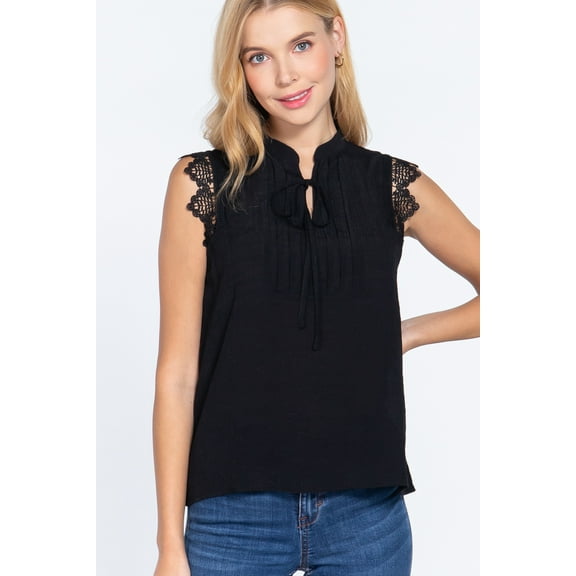 Lace Slv China Colllar Woven Top S