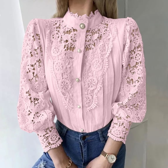 Lace Solid Color Round Neck Long-Sleeve Button Down Blouse for Women Casual Daily Top Women's Soft Breathable Comfortable Chic Shirt