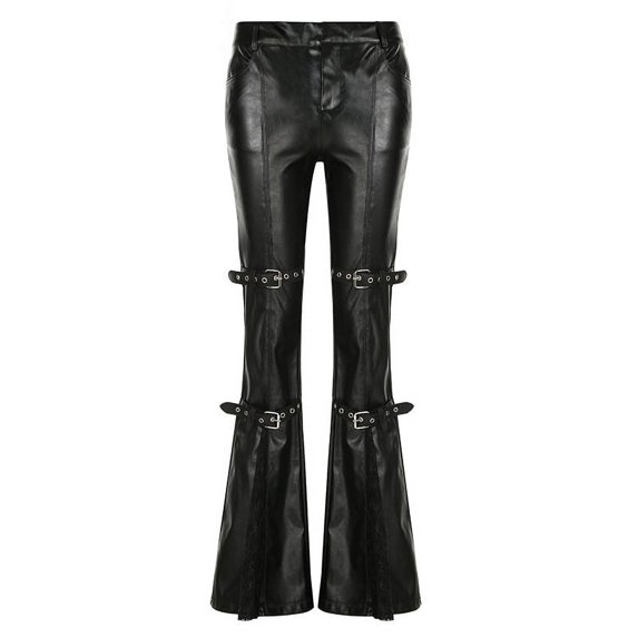 Lace Stitching Leather Bell-bottom Pants