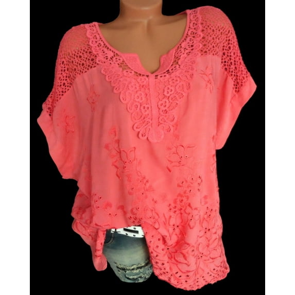 Lace Stitching Women Casual Plus Size Loose Blouse Tops