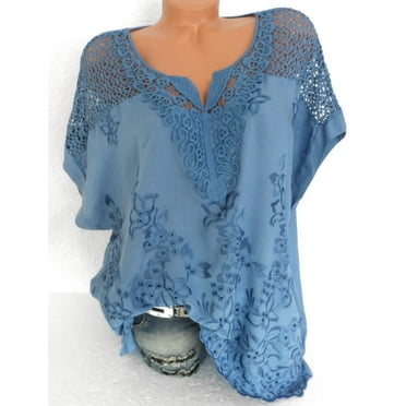 Lace Stitching Women Casual Plus Size Loose Blouse Tops
