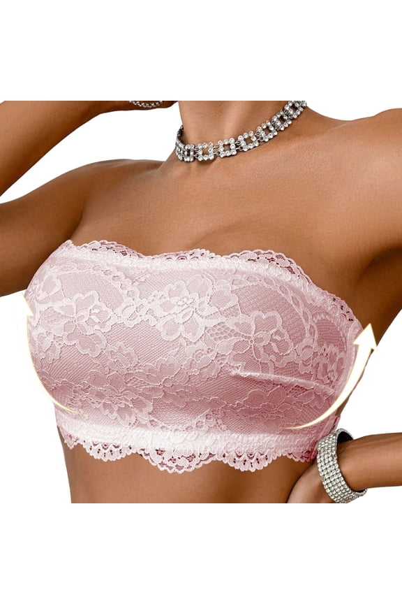 Lace Strapless Bras for Women Backless Push Up Bandeau Bra Cross Back Wireless Non Slip Tube Bralette 32BC, Pink