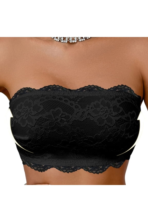 Lace Strapless Bras for Women Backless Push Up Bandeau Bra Cross Back Wireless Non Slip Tube Bralette 36BC, Black