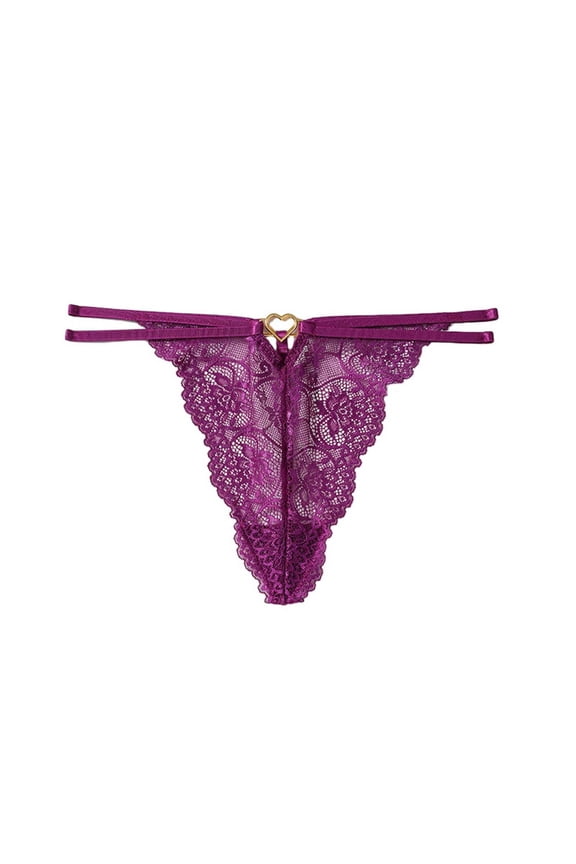 Lace String Thongs for Women Hot Underwear Low Rise Hollow Thong Stretch Womens Panties, Purple, Medium
