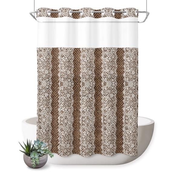 Lace Stripe No Hook Shower Curtain Vintage Victorian Style Brown Woven Fabric Textile Shower Curtain with See Through Top Window, Waterproof Washable Fabric Curtain for Bathroom Hotel Decor, 72Wx84L