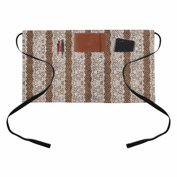 Lace Stripe Kitchen Restaurant Half Waist Apron, Vintage Victorian Style Brown Woven Fabric Textile Server Short Apron with 3 Pockets Waterproof Oil Waist Aprons for Women Waitress Waiter