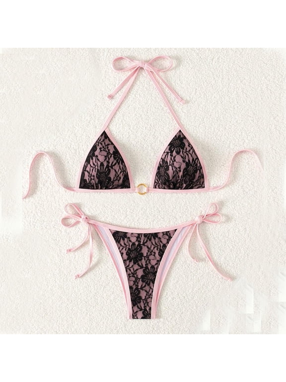 Lace Swimsuits for Women Halter Micro Bikinis Tie Back Triangle Bra and String Thongs for Beach Party