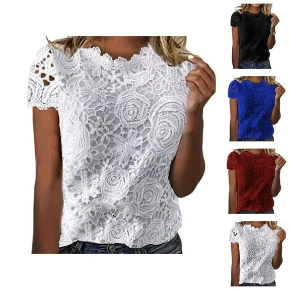 Lace T Shirts for Women 2025 Summer Casual Short Sleeve Crewneck Floral Lace Tshirt Tunic Tops Womens T Shirts