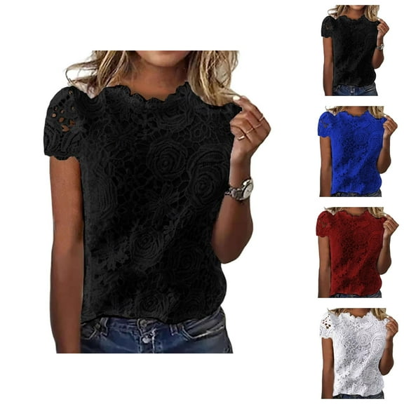 Lace T Shirts for Women 2025 Summer Casual Short Sleeve Crewneck Floral Lace Tshirt Tunic Tops Womens T Shirts