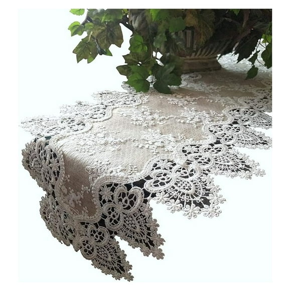 Lace Table Runner 66 Inch - Burlap & Floral Lace Dresser Scarf - Neutral Taupe Antique Victorian Style Shelf Runner Doily for Home Decor