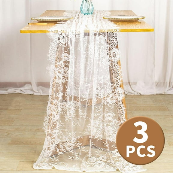 Lace Table Runner Embroidered Boho White Table Runner Vintage Rustic Table Runners for Wedding Party Bridal Shower Decorations 14" x 120" 3Pcs