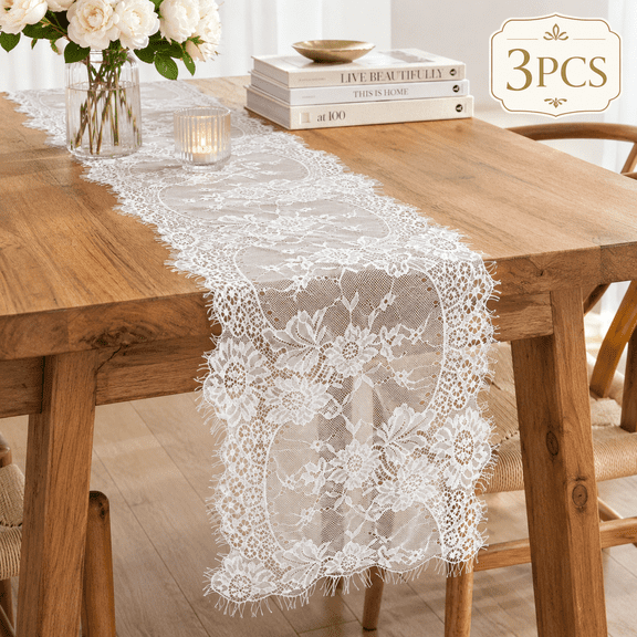 Lace Table Runner Embroidered Boho White Table Runner Vintage Rustic Table Runners for Wedding Party Bridal Shower Decorations 14" x 120" 3Pcs
