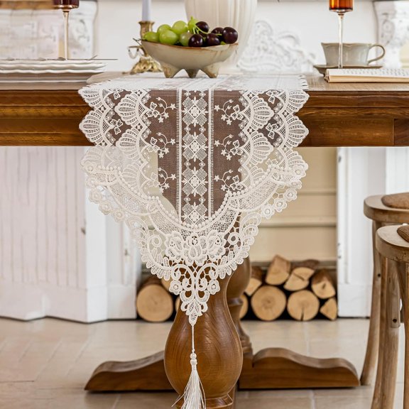 Lace Table Runner Exquisite Embroidery Floral,LayeeboyoTable Runners with Tassel Retro French Country Style,for Wedding Decor,Afternoon Tea,Bed Runner,Piano Top Cover,13x48 Inch