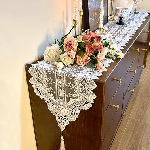 Lace Table Runner Exquisite Embroidery Floral,Table Runners with Tassel Retro French Country Style,for Wedding Decor,Afternoon Tea,Bed Runner,Piano Top Cover,13x110 Inch