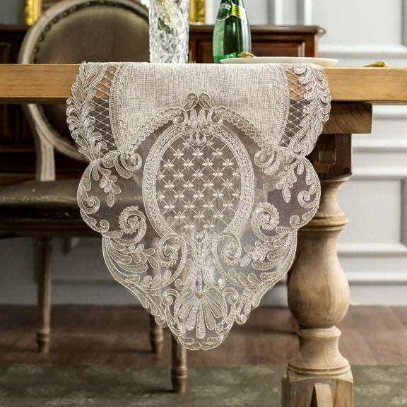 Lace Table Runner Rectangle Gray Cotton Linen Fabric Dresser Scarf with Exquisite Macrame Embroidery Table Runners for Kitchen Home Wedding Party Dining Decoration (Stone Gray, 16 x 60 Inch)