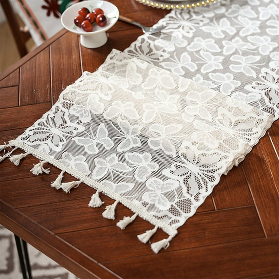 Lace Table Runner with Tassels Bohemian Style Decorative Tablecloth for Dining Table Coffee Table TV Stand Farmhouse Home Decor Wedding Party Decor Table Cover
