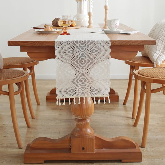 Lace Table Runner with Tassels, Boho Openwork Tablecloth for Dining Table Sideboard and Shoe Cabinet, Elegant Decorative Runner for Wedding Party Home Decor