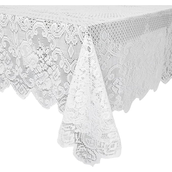 Lace Tablecloth - 60 x 97-Inch White Rectangular Table Cloth - Vintage Floral Scalloped Edge Elegant Dainty Tea Party Tablecloth & Wedding Reception Decor