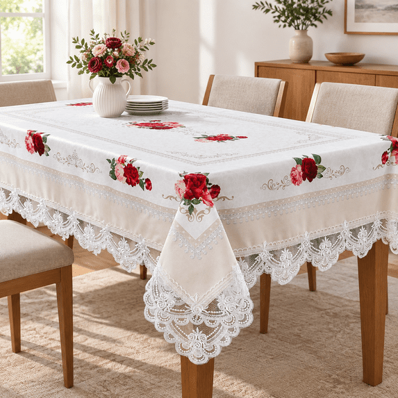 Lace Tablecloth Rectangle 60 X 84 Inch Offwhite Rose Pattern Fabric ...
