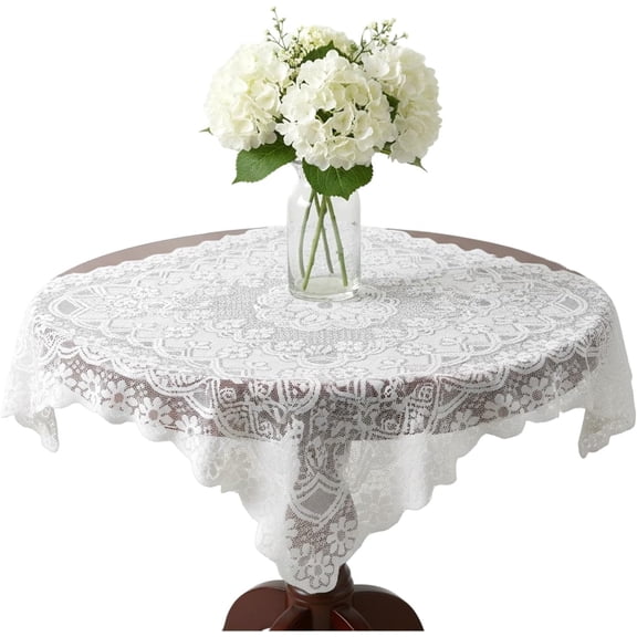 Lace Tablecloth, White Lace Table Cloth 35.4 X 35.4inSquare Table Cloth, Vintage Embroidered Style Crochet Small Tablecloth for Summer Outdoor Tea Party Reception Dinner Home Decor