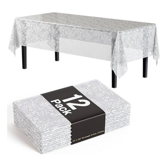 Lace Tablecloths for Rectangle Tables 12-Pack - 54x108 White Floral Disposable Table Covers - Clear Plastic Tablecloths for Parties, Weddings, Picnics