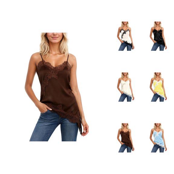 Lace Tank Tops for Women 2026 Fashion Asymmetrical Hem Lace Patchwork Spaghetti Strap Camisole Tank Top