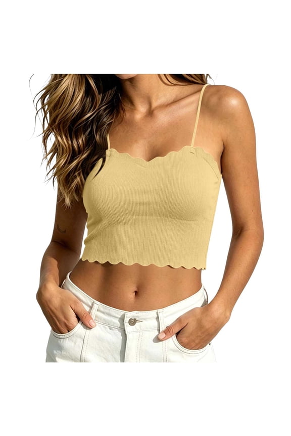Lace Tank Tops for Women Sleeveless Crew Neck Y2K Going Out Basic Cami Shirt with Chest Padded Yellow