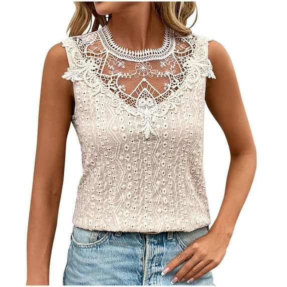 Lace Tank Tops for Women Sleeveless Round Neck Hollow-out Dressy Casual Blouses Cozy Elegant Summer Going Out Tees (XL, Beige)