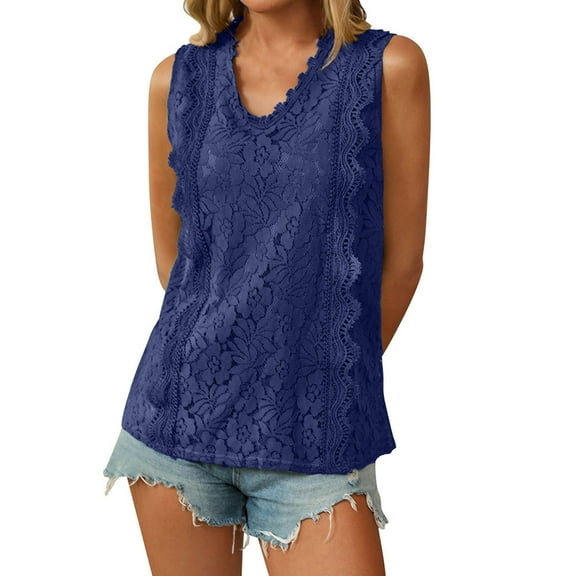 Lace Tank Tops for Women Summer Trendy V Neck Sleeveless Shirts Casual Loose Fit Retro Solid Color Blouses (XL, Blue)