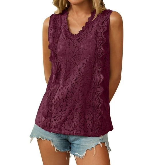 Lace Tank Tops for Women Summer Trendy V Neck Sleeveless Shirts Casual Loose Fit Retro Solid Color Blouses (XL, Wine)